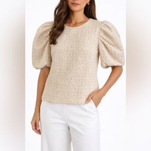 English Factory Puff Sleeve Textured Top Cream Gold Pink Woven - Small